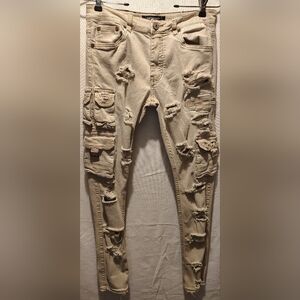 Serenede Embellished Eight Pocket Men's Distressed Cargo Skinny Jeans SZ 30x32